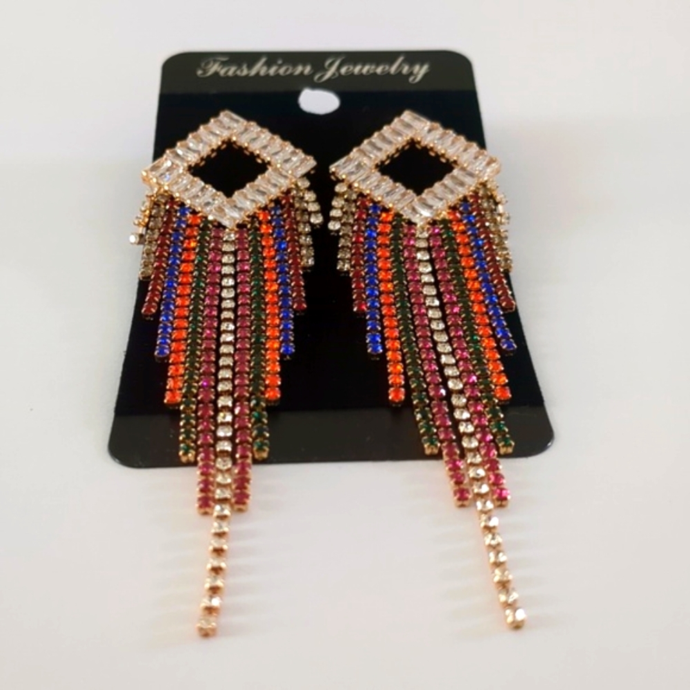 Multicolor Rhinestone Fringe Drop Earrings